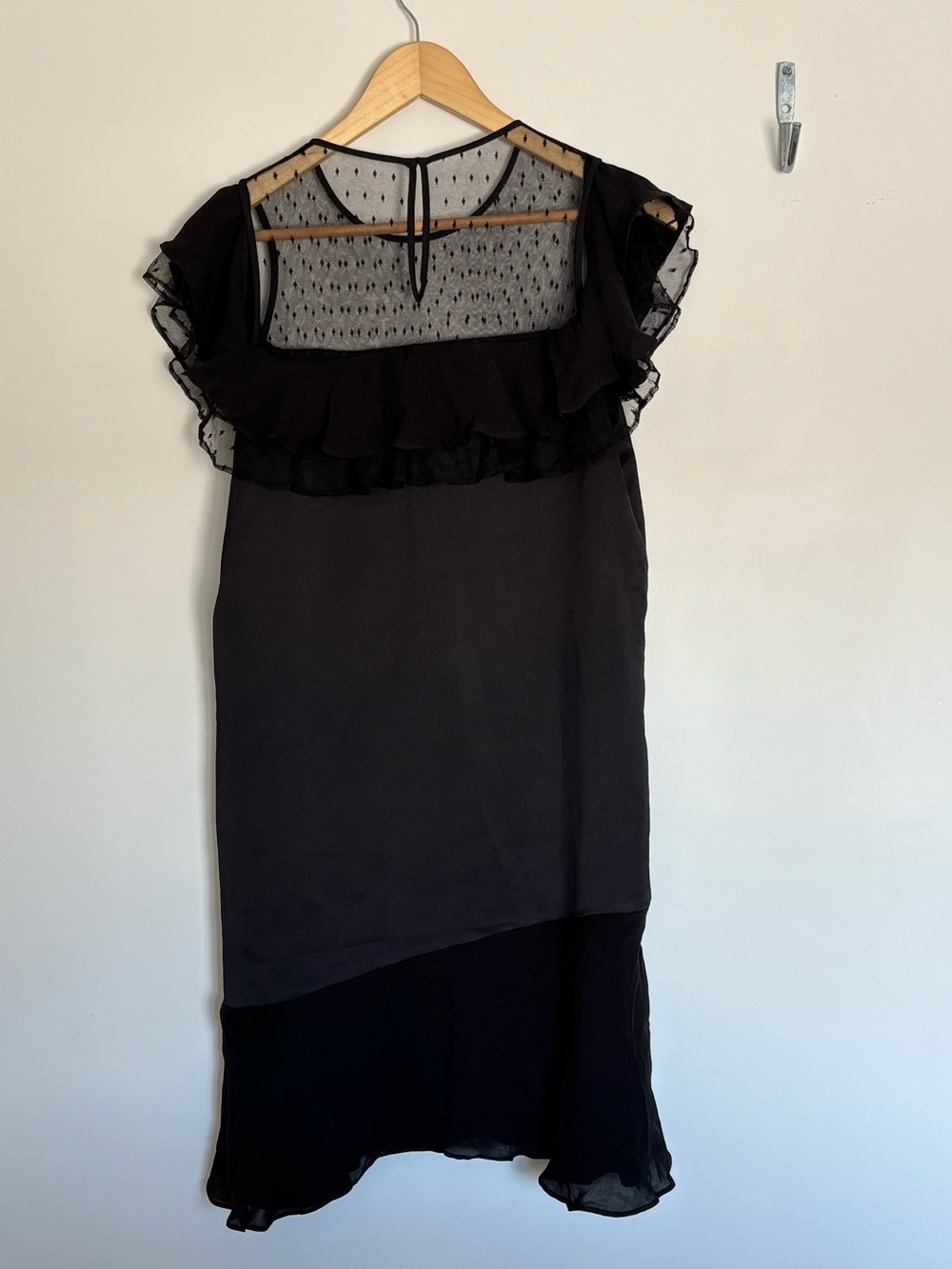 Parker Black Dress with Swiss Dot Mesh & Ruffle Sleeves – Size S